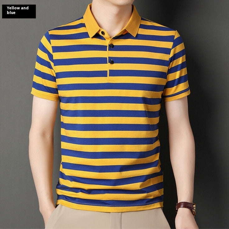 Summer Short-sleeved T-shirt Men's Cotton Ice Silk Polo Collar Stripes Youth Undershirt Buy Center