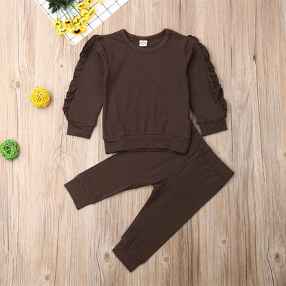 Newborn Baby Boys Girls Ruffles Jumper Solid Long Sleeve Sweatshirt Tops Pants Infant Kids 2Pcs Outfits Clothes Set Fall Clothes Brown