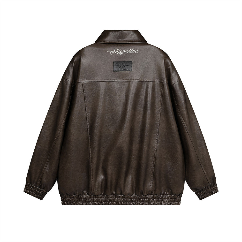 Buy Center Top Rated-Hip Hop American Style Loose Leather Coat Brown