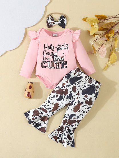 Fresh Arrivals at Buy Center: Baby Girl Cartoon Animal Flower Bell-bottom Pants Long Sleeve Headdress Three-piece Set LC147 Powder