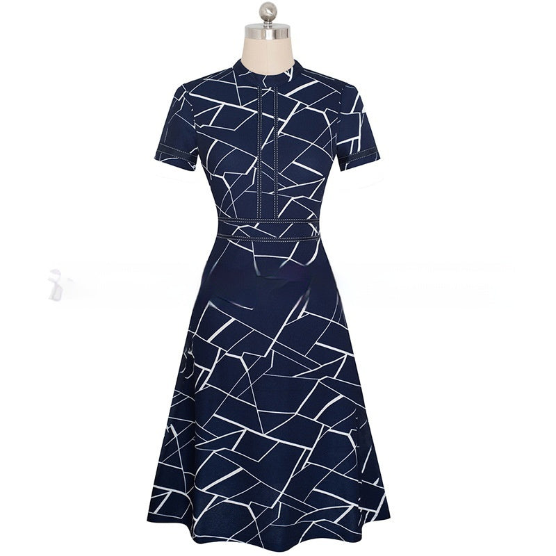 Fresh on the Scene at Buy Center: Round Neck Short Sleeve Slim Fit Slimming Elegant Graceful Business Dress Dark Blue White Stripes