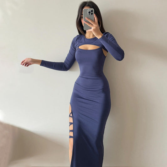 New Long-sleeved Shawl Straps Sexy Suspenders Slit Hip Skirt Fashion Suit For Women Blue