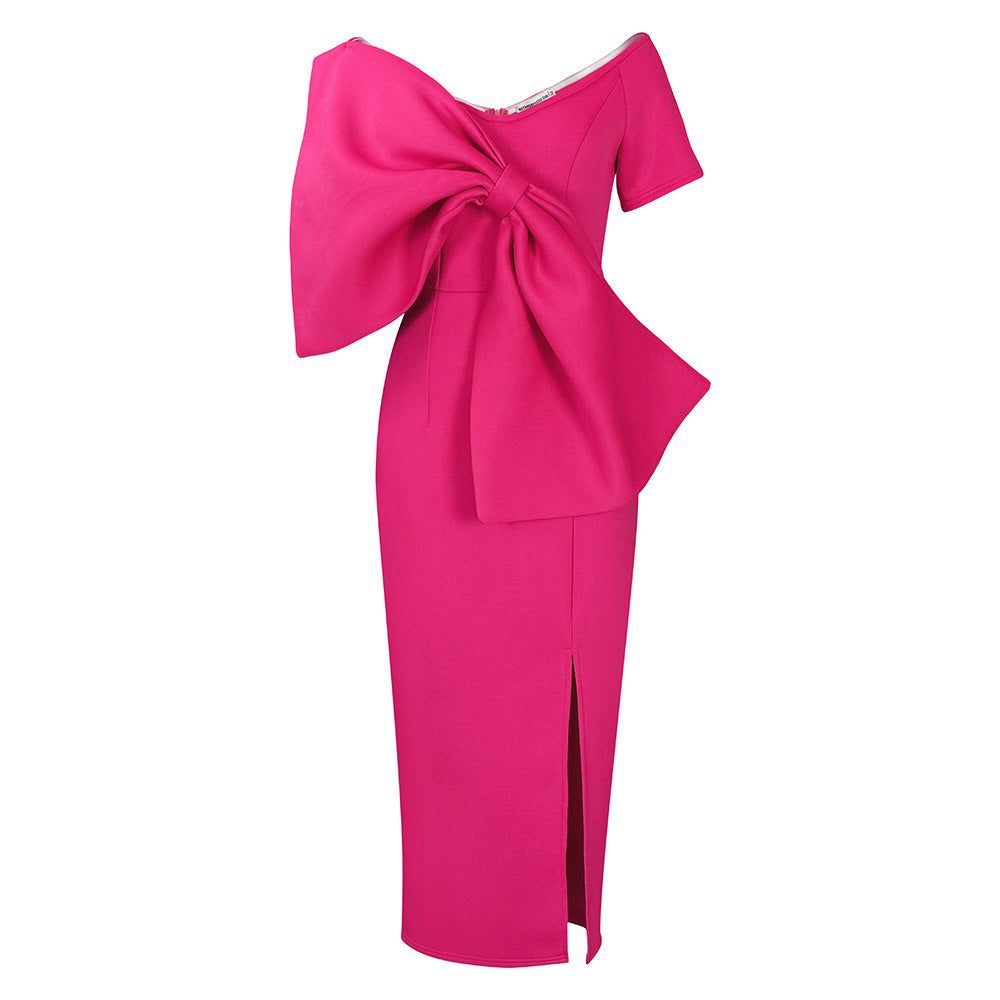 Buy Center Exclusive Offer-European And American Sexy Big Bow Split Sheath Dress Rose Red