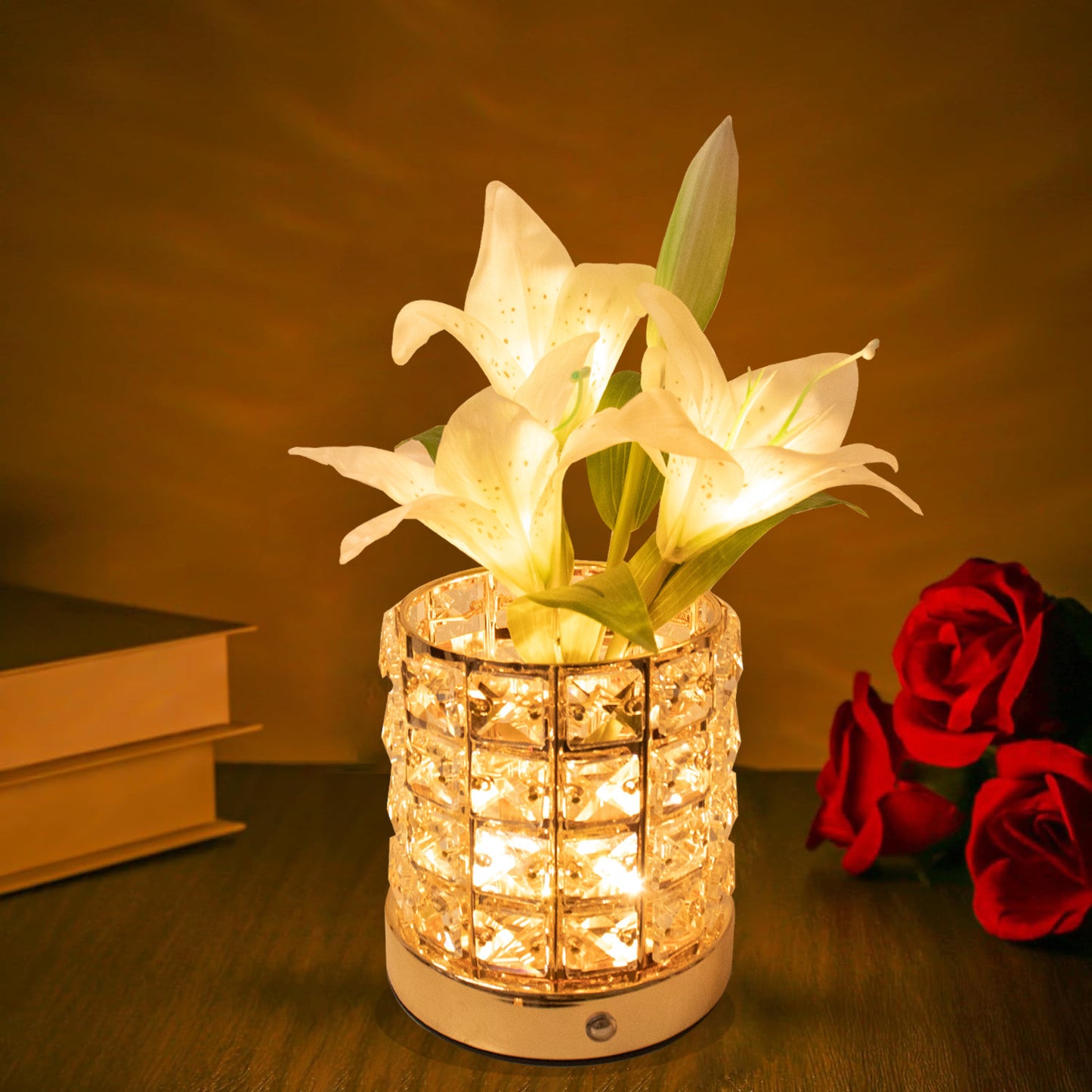 New Luminous Lily Crystal Flowerpot Small Night Lamp Simple And Light Luxury Advanced Sense Rechargeable White