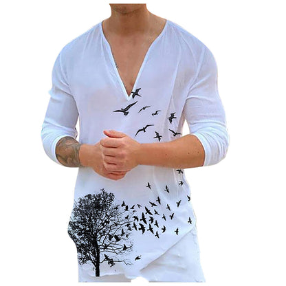 Camiseta de manga larga con cuello en V y estampado informal para hombre