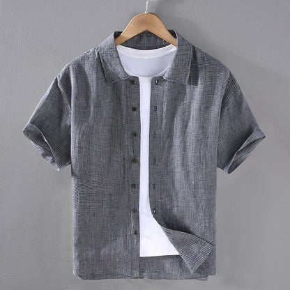 Fresh Arrivals at Buy Center: Men's Woven Fine Plaid Linen Short Sleeved Shirt Dark Gray