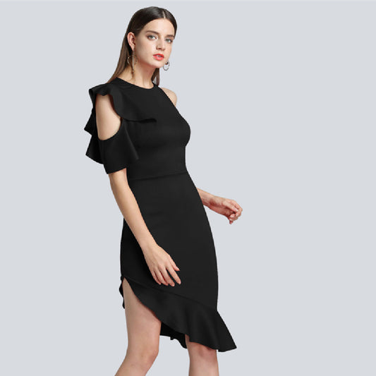 Buy Center Prestige-Women's Clothing Autumn And Winter New Evening Dress Off-the-shoulder Ruffled Dress Black