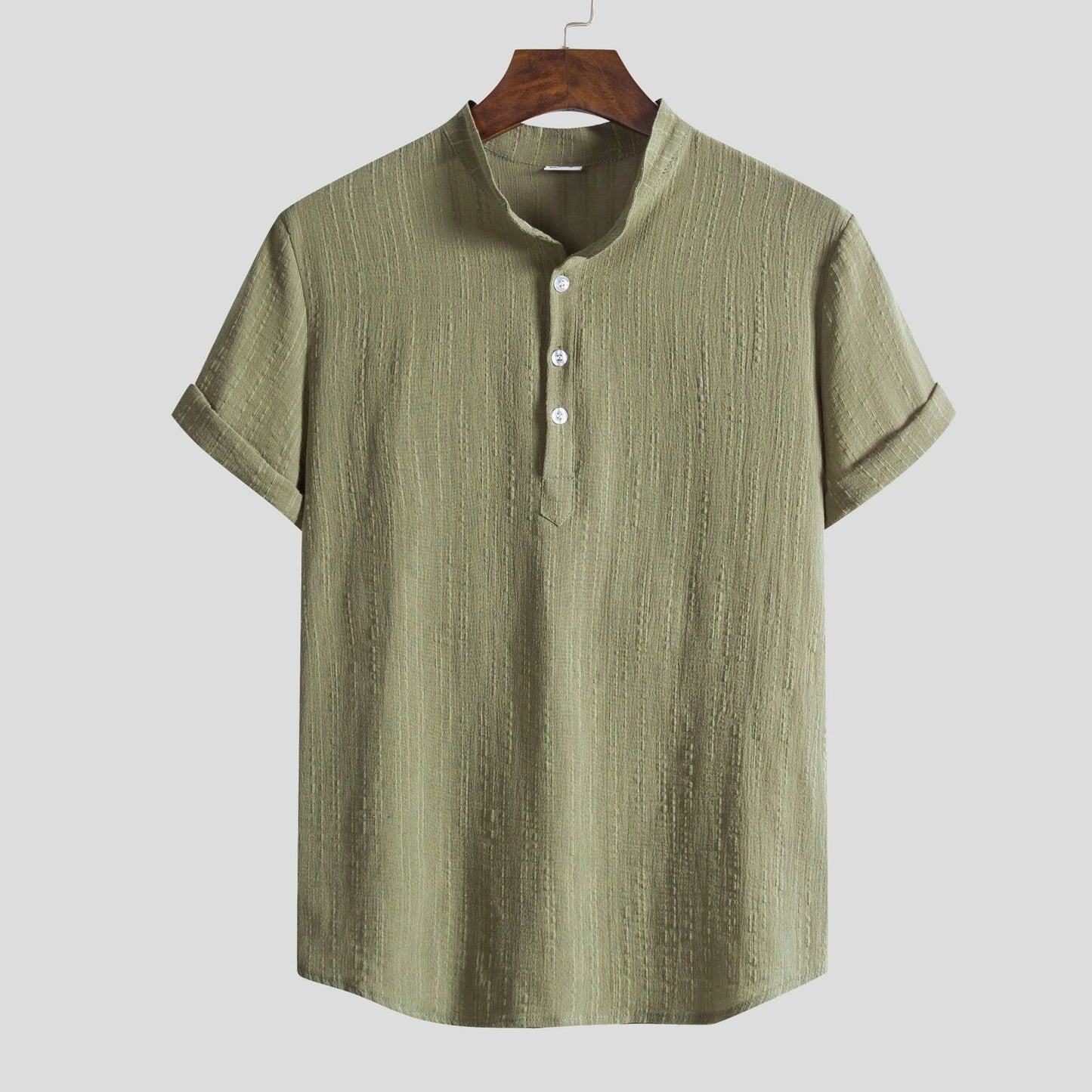 Men's Cotton Linen Shirt Stand Collar Army Green