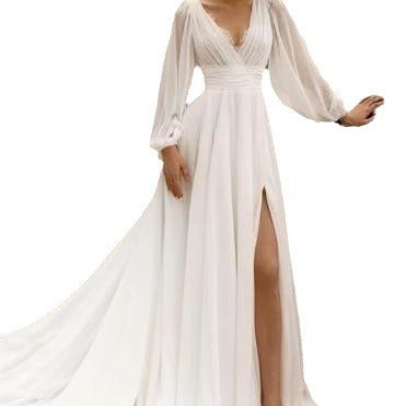 European And American High Waist Plus Size Deep V Long Sleeve Mopping Backless Wedding Dress High Slit Buy Center