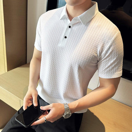 Just Arrived at Buy Center: High Elastic Thin Waffle Lapel Short Sleeve White