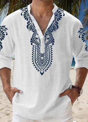 Stand Collar Long Sleeve Beach Casual Shirt Men