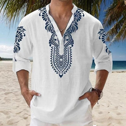 Camisa informal de playa de manga larga con cuello alto para hombre