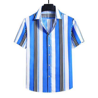 Fresh Arrivals at Buy Center: Men's Fashion Loose Striped Short Sleeve Shirt Top C213 Sky Blue