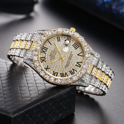 Just Arrived at Buy Center: Full Diamond Surface Roman Scale Steel Watch Gold Gold Diamond Surface