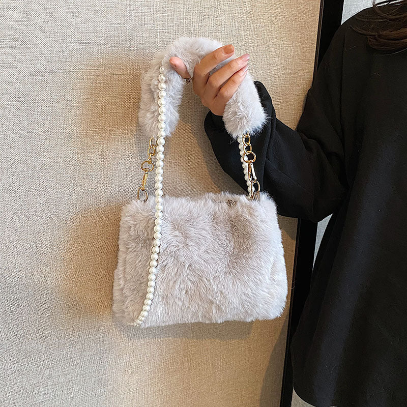 Sac en peluche avec chaîne de perles pour femme de style coréen