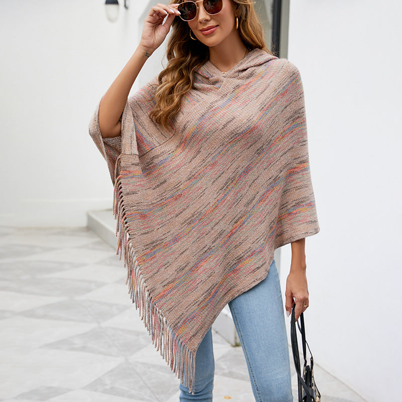 Hooded Striped Tassel Cape And Shawl Women | Women's Clothing-Accessories-Scarves & W | Buy Center