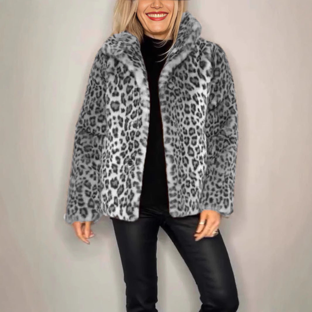 Winter New Women's Fashionable Leopard Print Lapel Faux Leather Woolen Top Buy Center