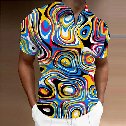 Casual Men's Shirt Golf Shirt Optical Illusion 3D Printing Zipper And Lapel Short Sleeve Yellow