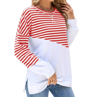 Newly Released at Buy Center: Striped Printed Long Sleeve T Shirt Fashion Casual Round Neck Pullover Split Design Women's Clothing Red White