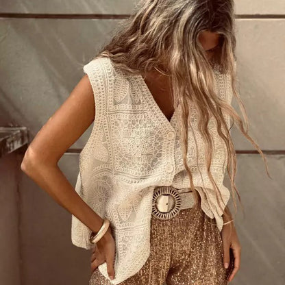 V-neck Vest Lace Embroidered Buckle Cardigan Vest Vacation Top