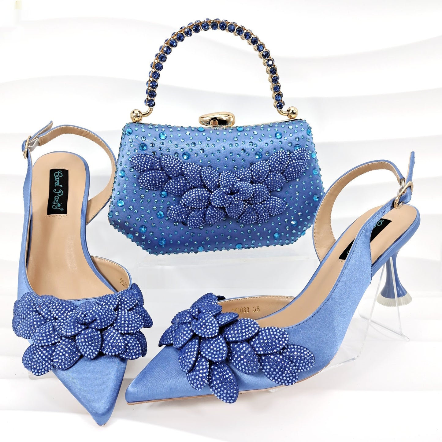 Conjunto de zapatos y bolsos de fiesta para damas transfronterizos hechos a mano con hojas decorativas y copas de vino