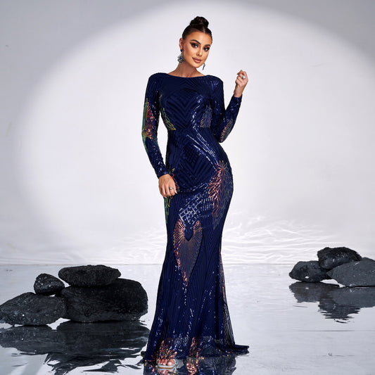 Long Sleeve Temperament Crew Neck Sexy Long Sequined Banquet Evening Dress | Women's Clothing4 | Buy Center