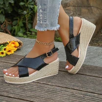 Just Arrived at Buy Center: Hemp Rope Shoes Wedge Platform Snake Pattern Fish Mouth Sandals Black