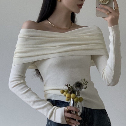 New Off-neck Twisted Shoulder-baring Sweater Women White Free Size