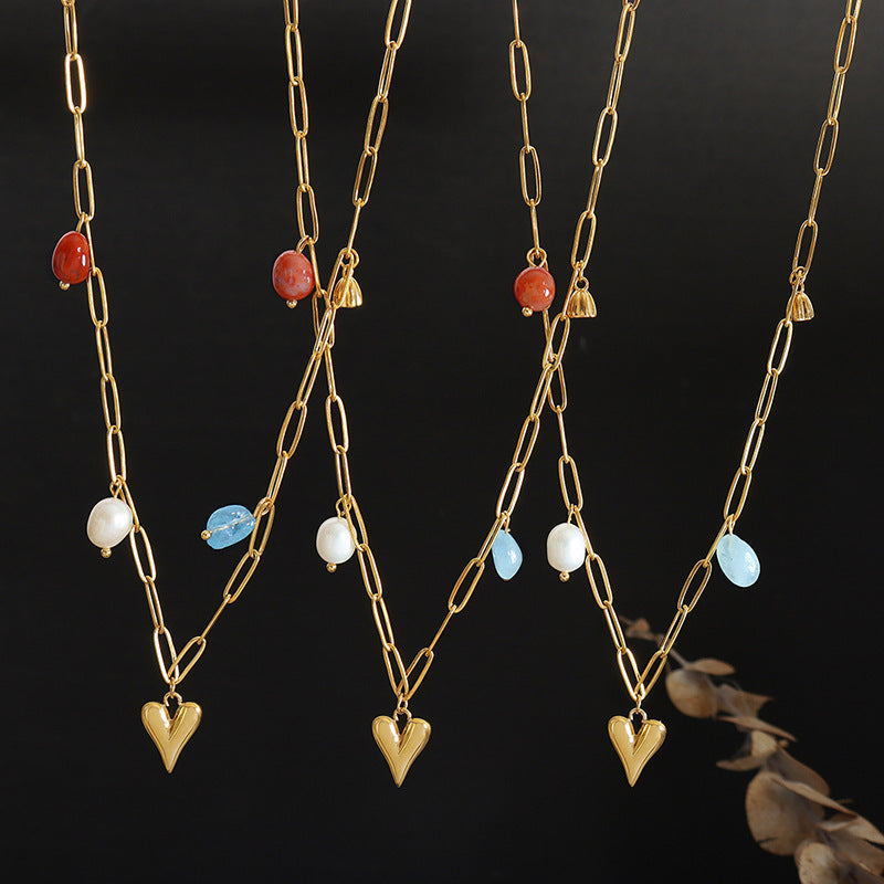 Buy Center Excellence-Fashion Creative Design Sense Niche Personality Accessories Freshwater Pearl Gold Plated Peach Heart Lotus Seedpod Natural Stone Necklace