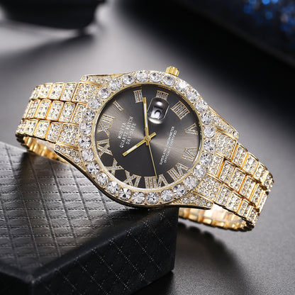 Just Arrived at Buy Center: Full Diamond Surface Roman Scale Steel Watch Gold Shell Black Surface