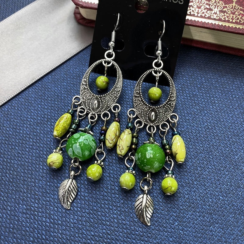 Buy Center Handpicked- Bohemian Retro Ethnic Style European And American Antique Silver Earrings Goddess Style Dark Green