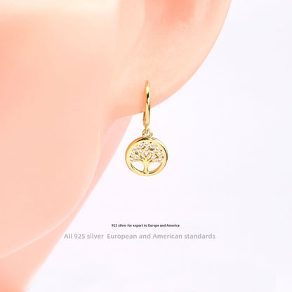 S925 Sterling Silver Inlaid Zircon Lucky Tree Earrings High Quality Gold Plated Ear Clip