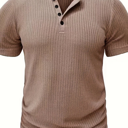 Solid Stripe Pattern Knit Short Sleeve T-shirt With Henley Neck, Chic And Stylish Sports Tops For Men's Summer Leisurewear And Outdoors Activities