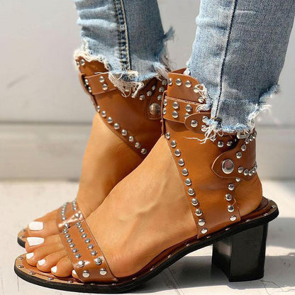 Buy Center Hot Pick-Fashion Rivet Belt Buckle Chunky Heel Sandals For Women Brown