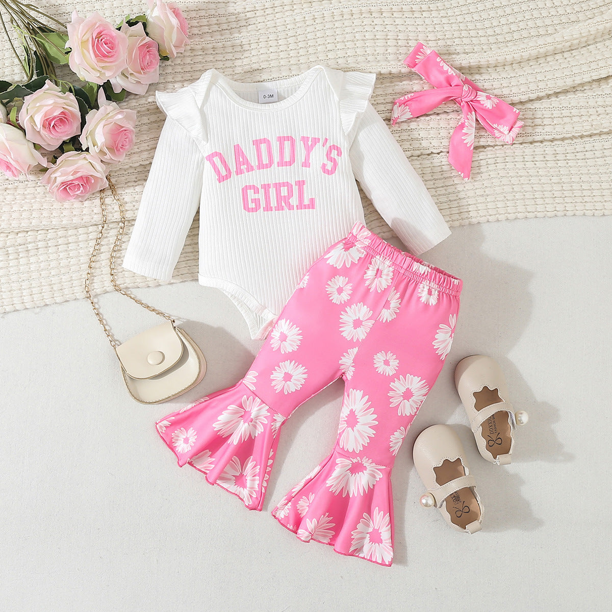 Fresh Arrivals at Buy Center: Baby Girl Cartoon Animal Flower Bell-bottom Pants Long Sleeve Headdress Three-piece Set LC121 White