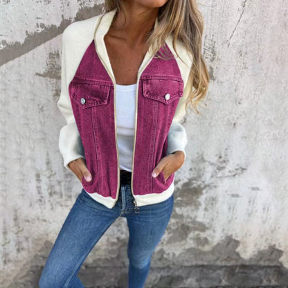 Fresh Arrivals at Buy Center: Fashion Denim Patchwork Jacket Casual Hooded Zipper Jacket Women's Clothing Light Purple