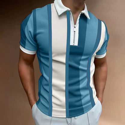 Fresh Arrivals at Buy Center: Men's Striped Short-sleeved Polo Shirt Slim Lapel Sky Blue