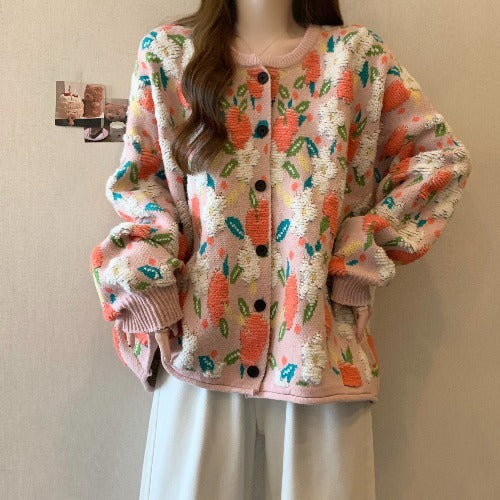 Hot New Items at Buy Center: Popular Beautiful Sweater Coat Early Fat Sister Slimming Retro Floral Knitted Cardigan Top Pink Cardigan Coat