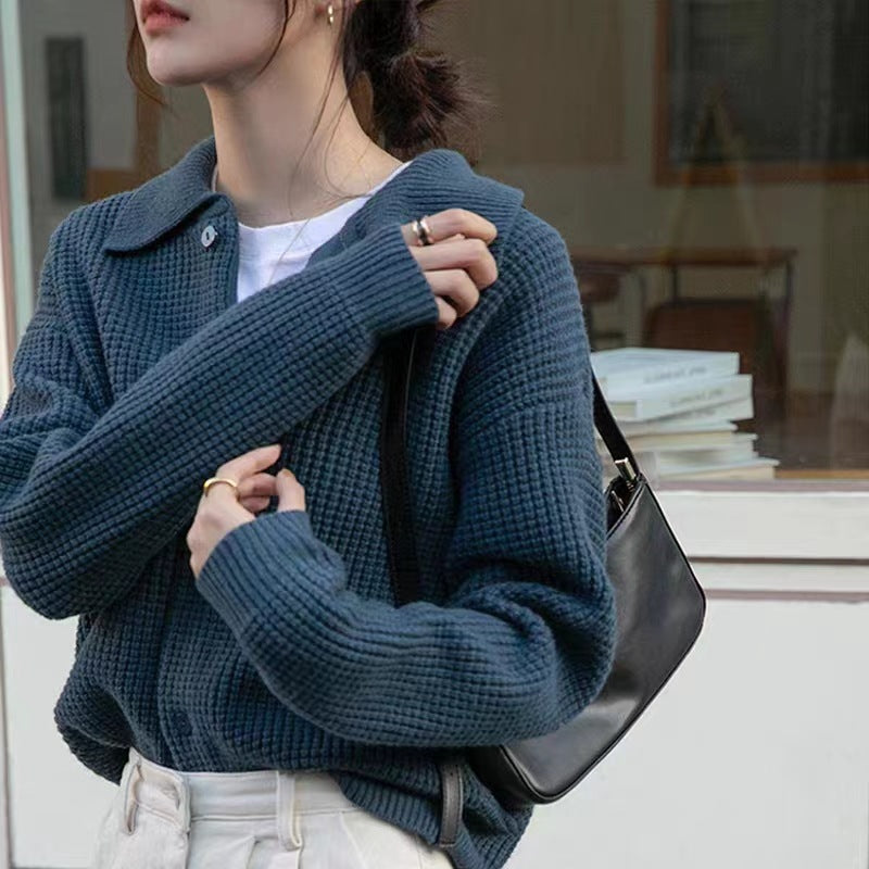 Retro Style Polo Collar Solid Color Loose-fitting Versatile Sweater Knitted Cardigan Buy Center