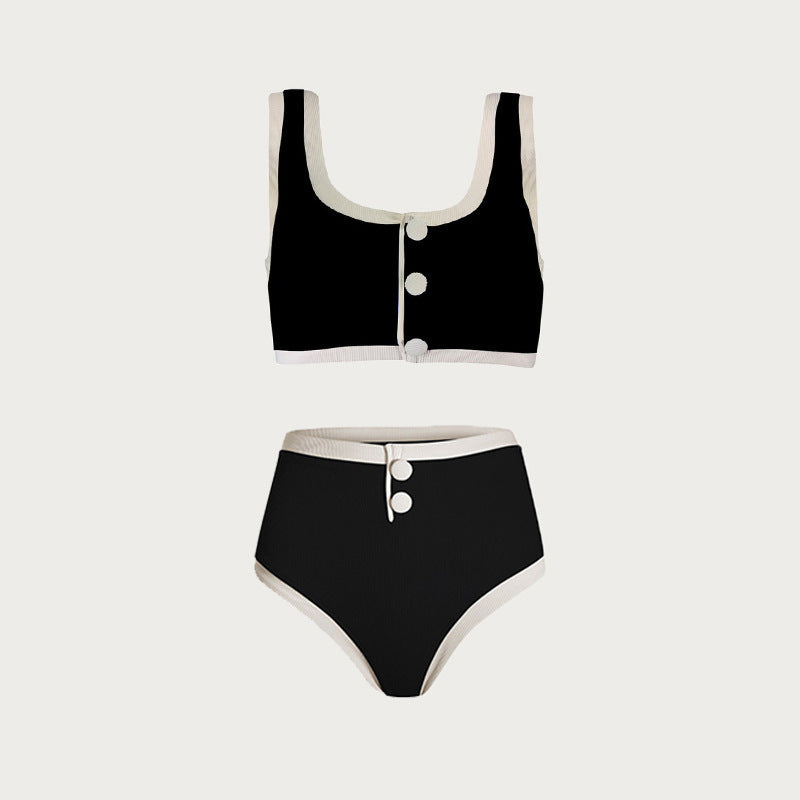 Hot New Items at Buy Center: Sexy Black And White Color Matching High Waist Split Bikini Swimsuit