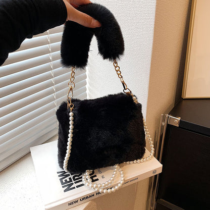 Sac en peluche avec chaîne de perles pour femme de style coréen