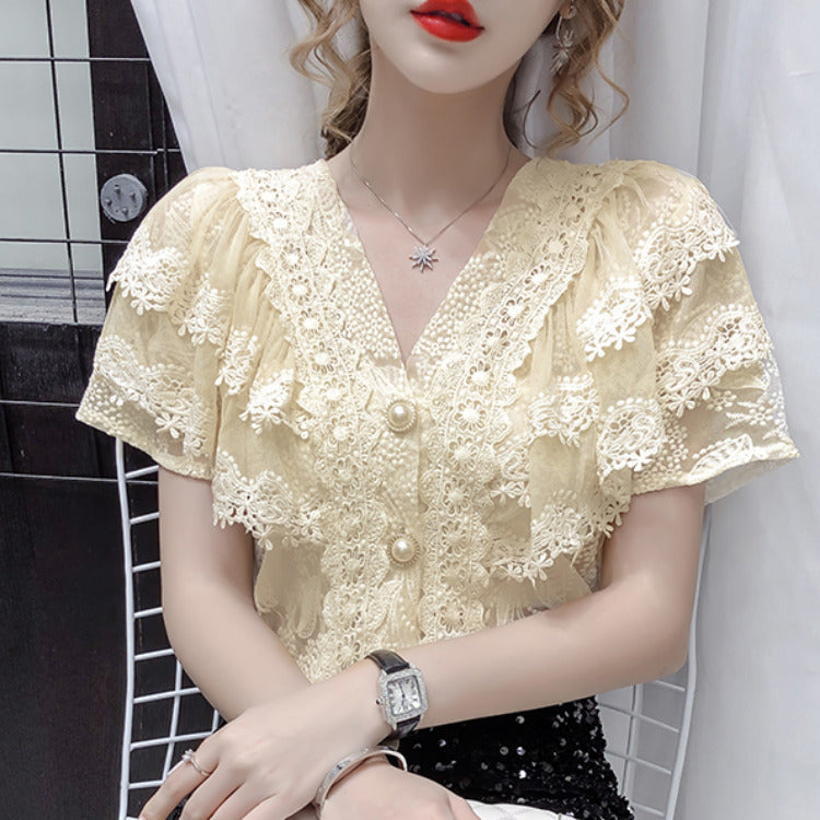 Fresh on the Scene at Buy Center: French Style Elegant V-neck Single-breasted Lace Shirt Western Style