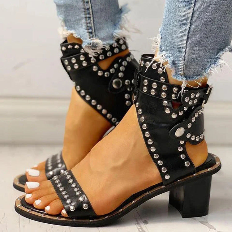 Buy Center Hot Pick-Fashion Rivet Belt Buckle Chunky Heel Sandals For Women Black