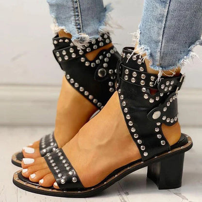 Buy Center Hot Pick-Fashion Rivet Belt Buckle Chunky Heel Sandals For Women Black