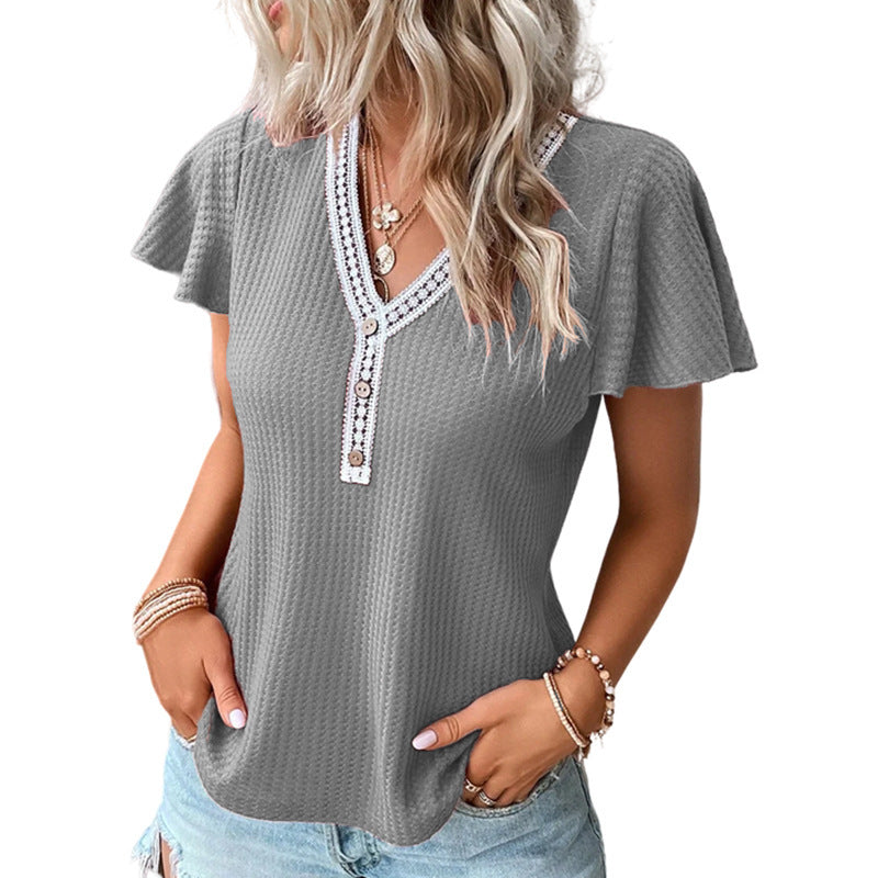 Trending Now at Buy Center: Waffle V-neck Short-sleeved T-shirt