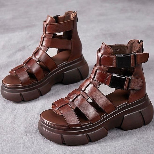 New Female Leather Hollow-out Platform Retro Stylish Women's Sandals