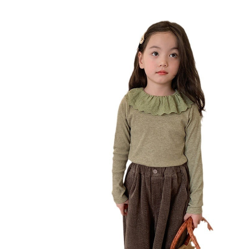 Newly Released at Buy Center: Girls' Soft Cashmere Sunken Stripe Lace Collar Bottoming Shirt