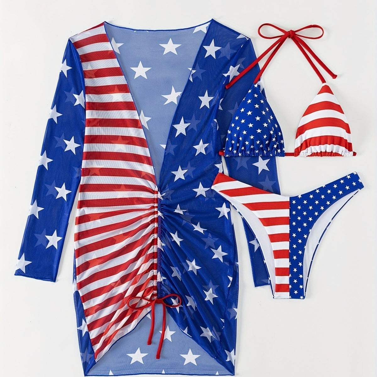 Fresh Arrivals at Buy Center: Women's Swimsuit Sleeveless Halter Loose Independence Day Flag Printed Gauze Three-piece Suit