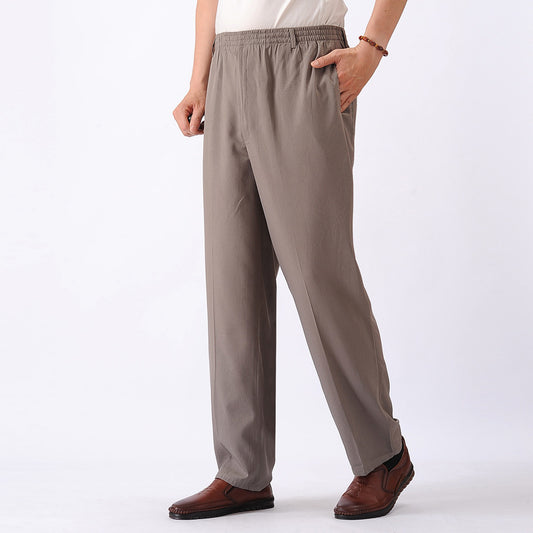 Newly Released at Buy Center: Elastic Waist Casual Pants Old Men's Loose Grandpa Long Pants Gray Khaki