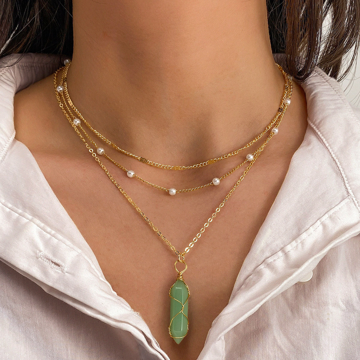 Buy Center Hot Pick-Hexagon Prism Crystal Natural Stone Necklace Hand Winding Mint Green